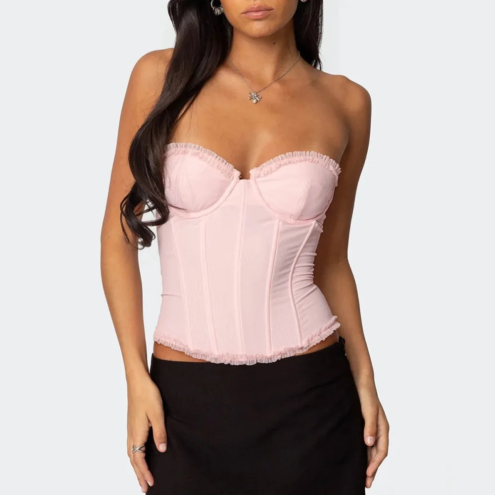 

Y2k Breathable Mesh Corset Tops Bralette Women Fashion Strapless Bustier Overbust Shapewear Adjustable Straps Boned Bodices Top