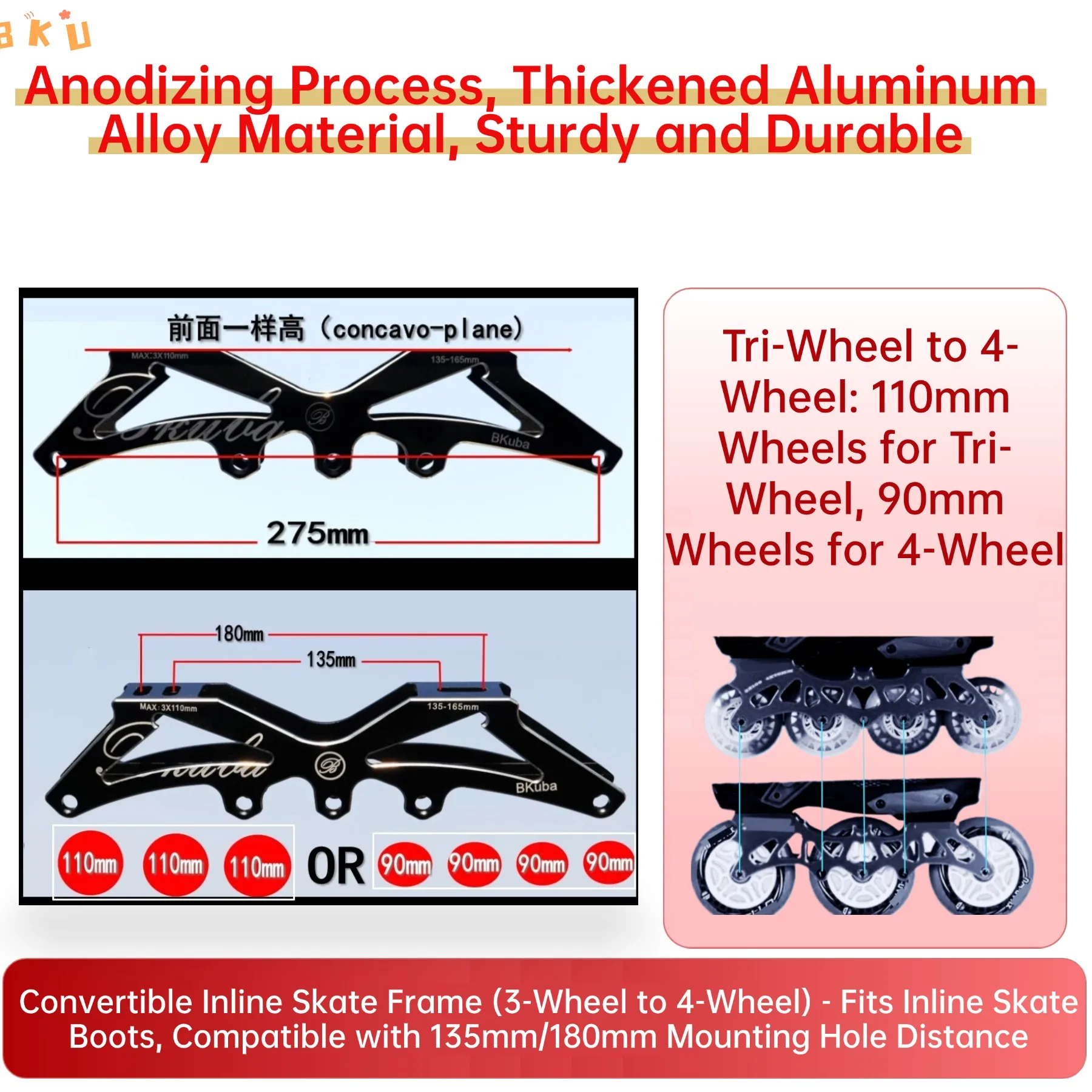زوج واحد من إطارات التزلج المضمنة ثلاثية العجلات المصنوعة من سبائك الألومنيوم، 3 أنماط (4 · 3 قابلة للتحويل) مع المحاور