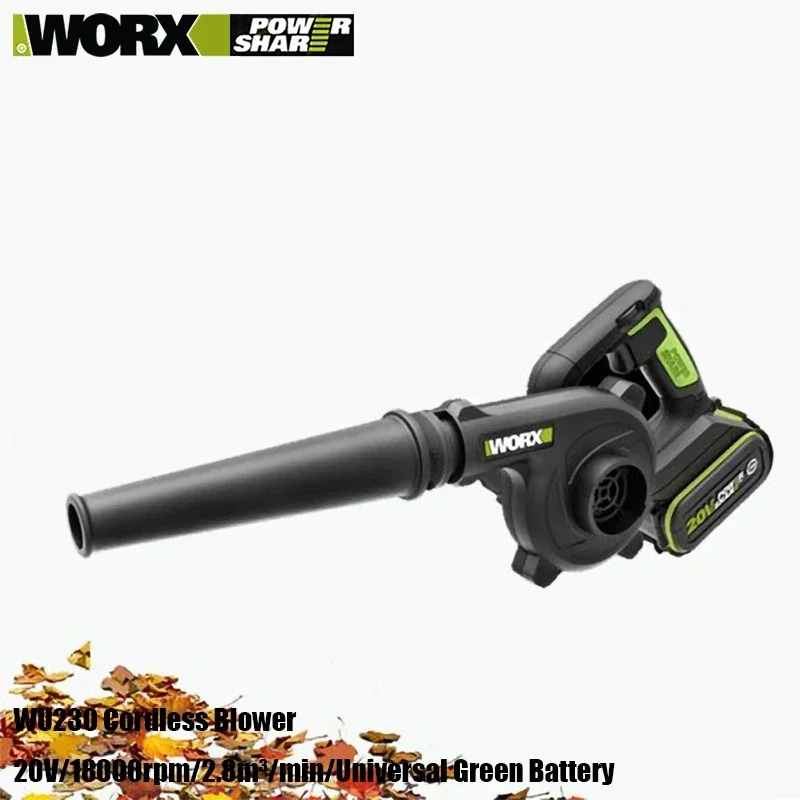 Worx WU230 20v Cordless Blower Rechargeable Powerful Air Volume Max 18000rpm 3 Speed Adjuatable 2.8 M3/min Share Green Battery