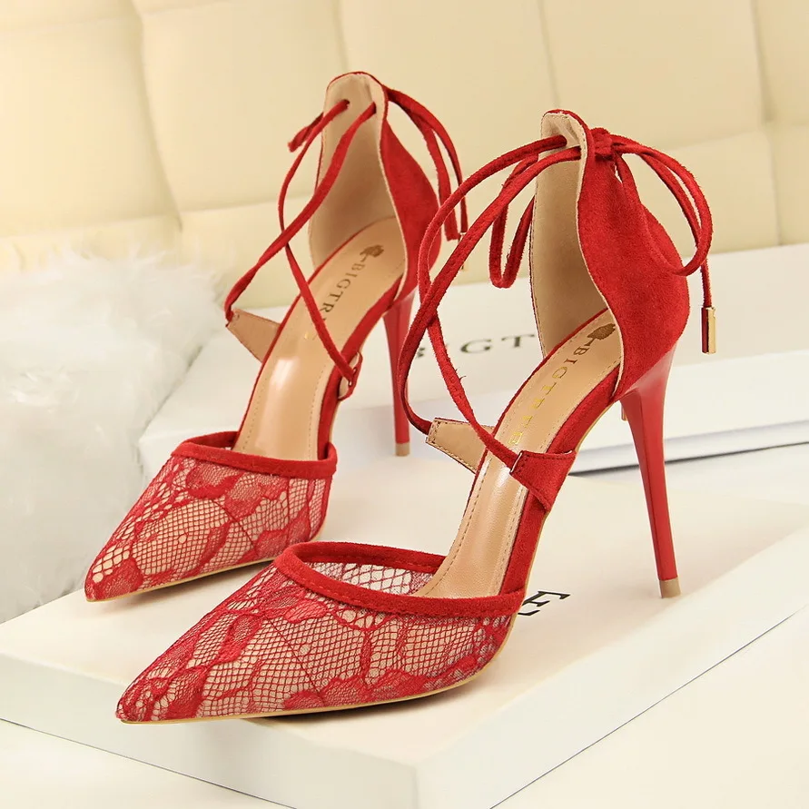 

Style Sexy High Heels Shallow Notched Mesh Lace Cross Cut Sandals Women Pumps Ladies Wedding Shoes туфли женские женская обувь