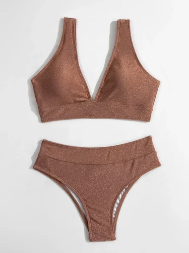 Imagen 2 del producto Traje de baño Sexy con purpurina para mujer, Bikini de cintura alta, traje de baño de verano para mujer, conjunto de Bikini de dos piezas con realce, bañador, Bikinis
