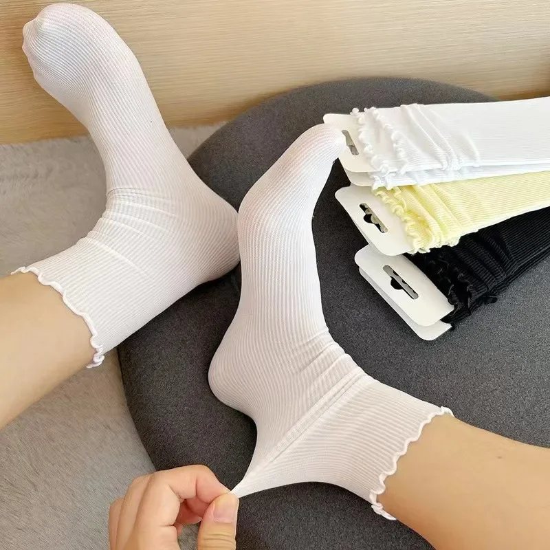 Women Ruffled Edge Bing Bing Socks Summer Ultra-thin Absorb Sweat Prevent Odor Soft Ice Velvet Harajuku Stretch Elasticity Socks