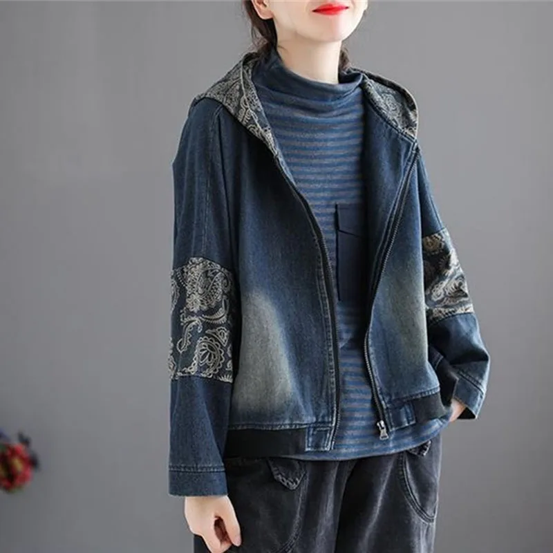 Retro Ladies Fashion Hooded Cowboy Outwear 2025 Female Long Sleeves Denim Coat Spring Autumn Women Patchwork Short Jeans Jacket