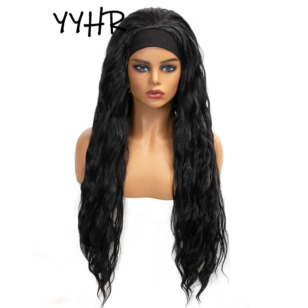 Synthetic Headband Wig for African Women Natural Long Water Wave Black High Quality Comfortable Scarf Wig for Female Daily Use