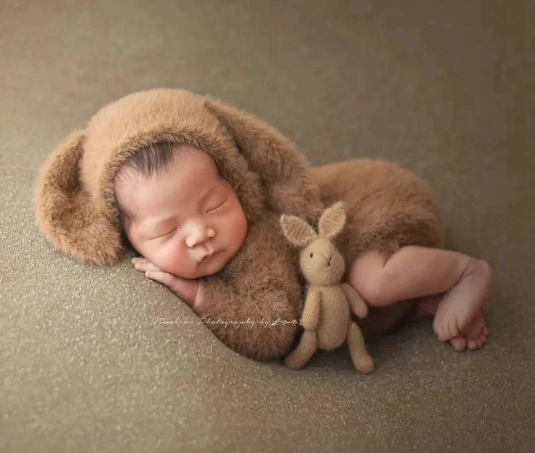 Traje de conejito peludo para recién nacido, Pelele de pie abierto para foto de bebé, accesorios de fotografía, patrón de punto