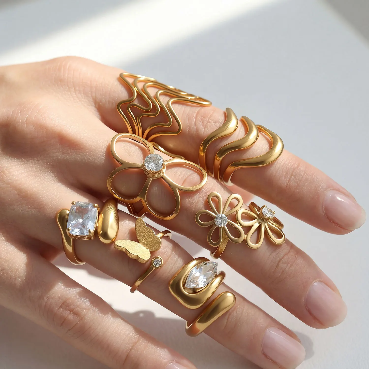 Ring Collection Gold Plated Stainless Steel Floral Open Adjustable Women Minimalist Niche Premium Lightweight Index Finger Daily