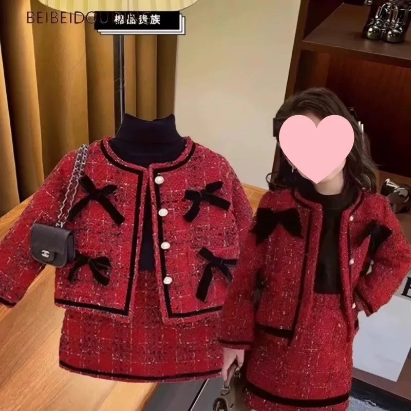 

TOY-Girls' Red Skirt Set Fashionable Woolen Coat Autumn Winter Stylish Quilted Two-Piece Set