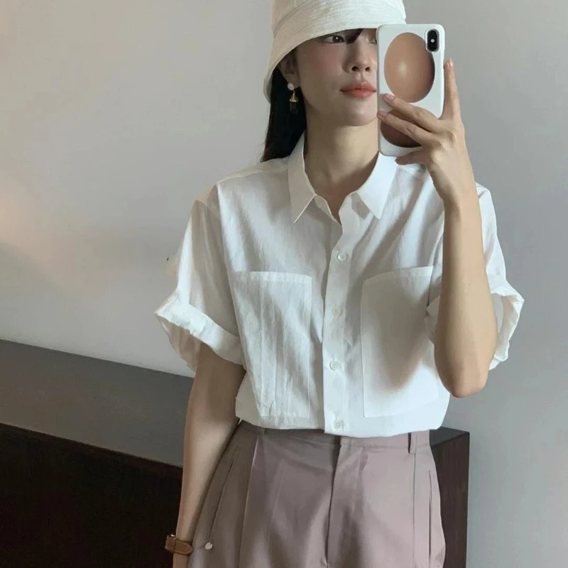 Summer Thin Pockets Patchwork Button Elegant Blouse Short Sleeve Polo Neck Solid Office Shirt Tops Fashion Korean Women Clothing