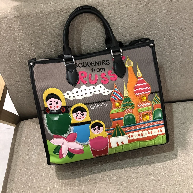 Women Bags Pu +Canvas Appliques Handbags Shoulder Bags Crossbody Messenger Bag Totes Braccialini Style Cartoon Russia Church