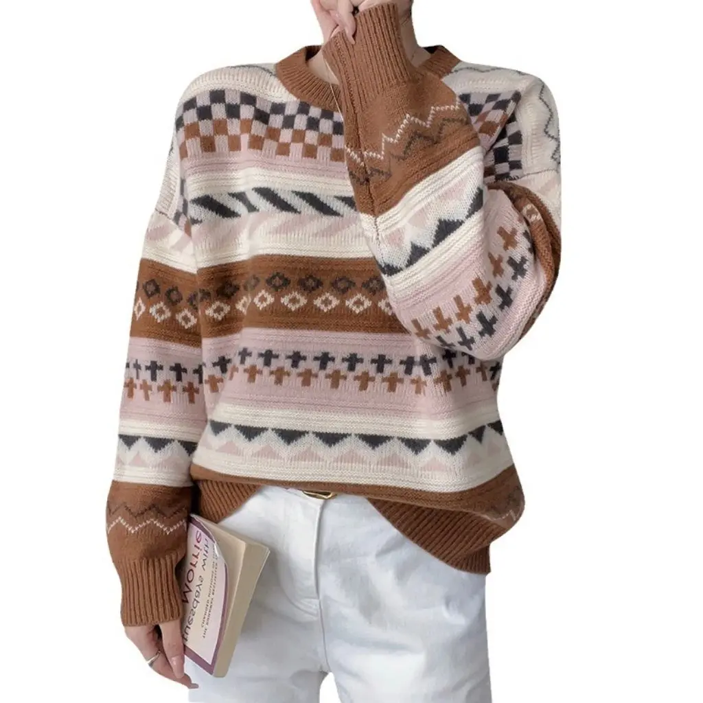 

Women's round Neck Jacquard Pullover Knitwear Loose Long-Sleeved Autumn Winter New Style Casual Comfortable Top