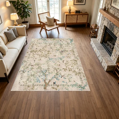 Vintage Branch Bird Pattern Printed Carpet Lightweight Floral Nature Carpet Non-Slip Floor Carpet Suitable for Bedroom Living Room