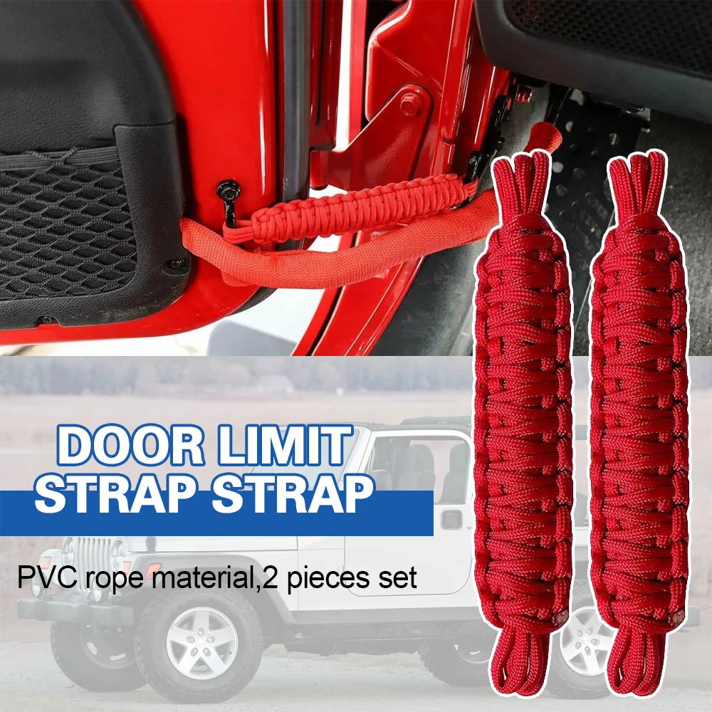 2x Door Adjustable Protection Rope Car Door Restriction Rope Limiting Strap Car Limit Rope for Jeep All Wrangler JK TJ Red Black