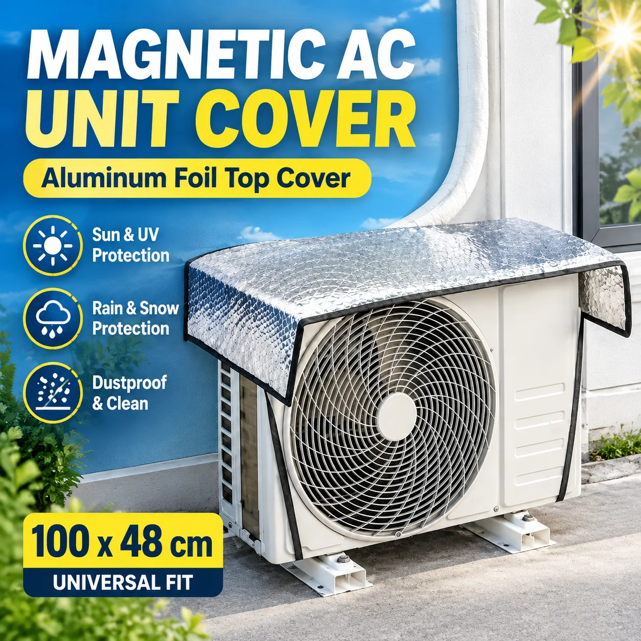 Magnetic AC Unit Cover Aluminum Foil, Outdoor Air Conditioner Rainproof Sunshade Heat Insulation Dustproof Top Cover, No