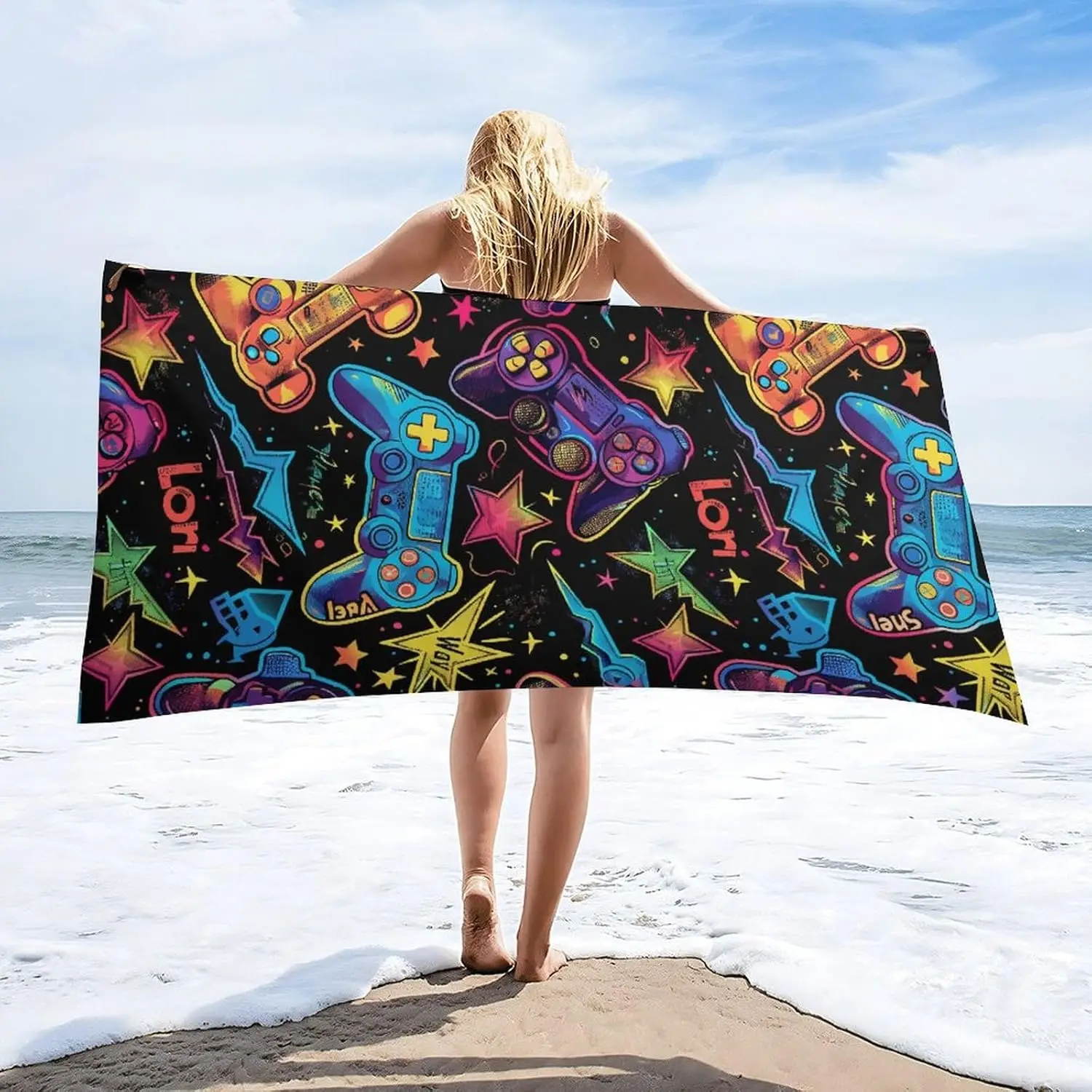 Vibrant Gamer Beach Blanket, Colorful Joystick Pattern, Soft Absorbent Microfiber, Sand Free, Ideal for Summer Travel