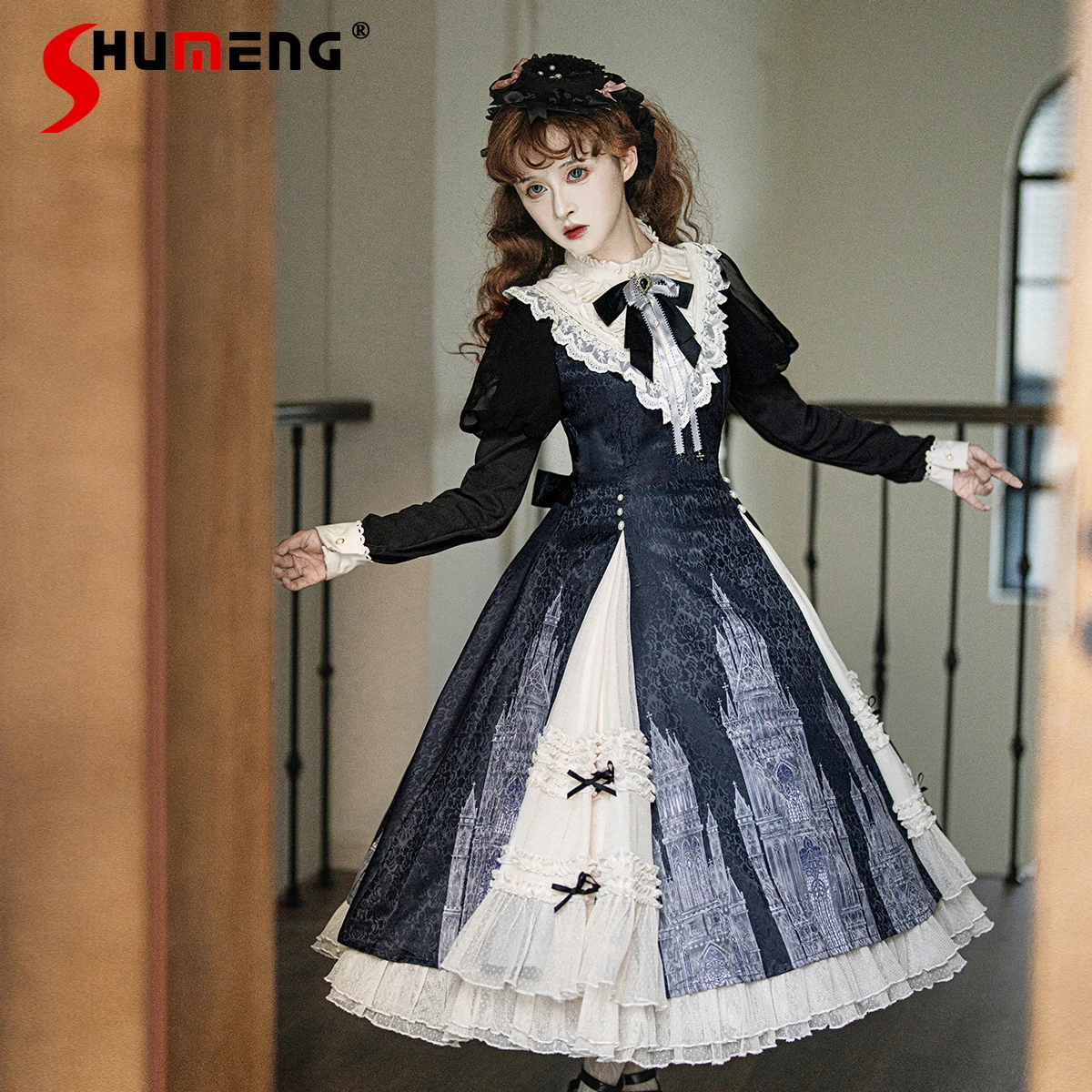 

Halloween Gothic Cos Retro Printed Long Sleeve Elegant Lolita Dresses Op Spring and Autumn Women's Patchwork Slim Long Dress