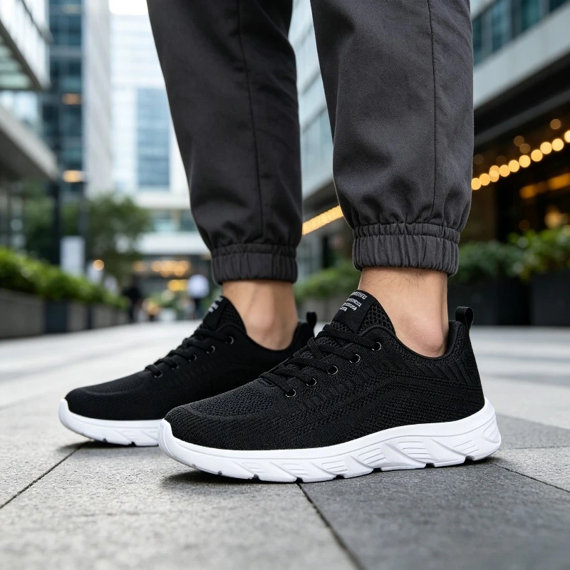 Men Breathable Knit Sneakers White Thick Sole Lace Up Lightweight Running Shoes Non Slip Soft Casual Sports Footwear for Gym