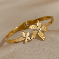 AENSOA Stainless Steel Fashion Double Flowers Cuff Bangle Bracelet for Women Exquisite Gold Color Floral Bracelets Valentine's D