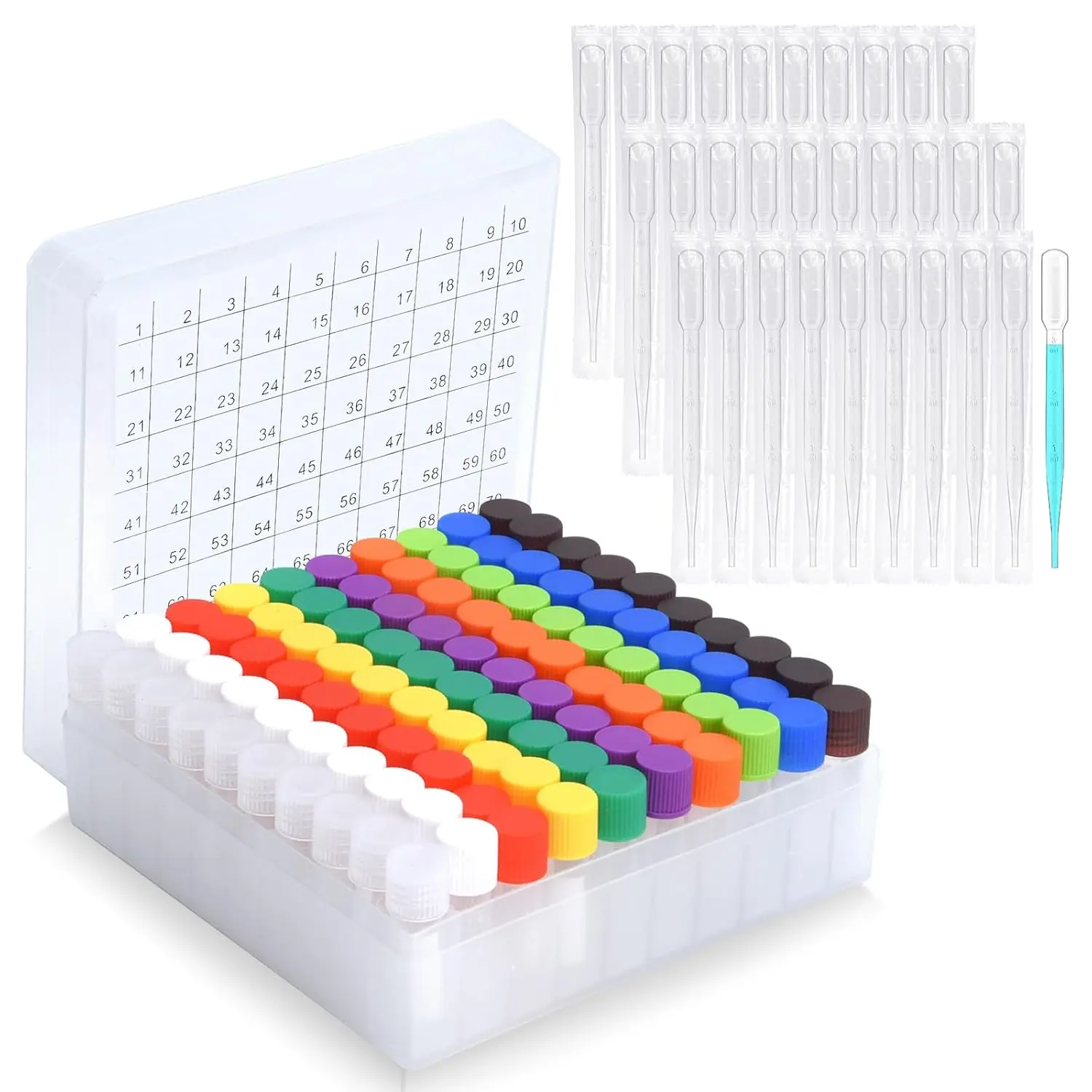 100pcs 2ml vials with caps Plastic Cryogenic Test Tubes lab cryovial Tube Container cryovials with 30pcs 3ml Dropper Pipette