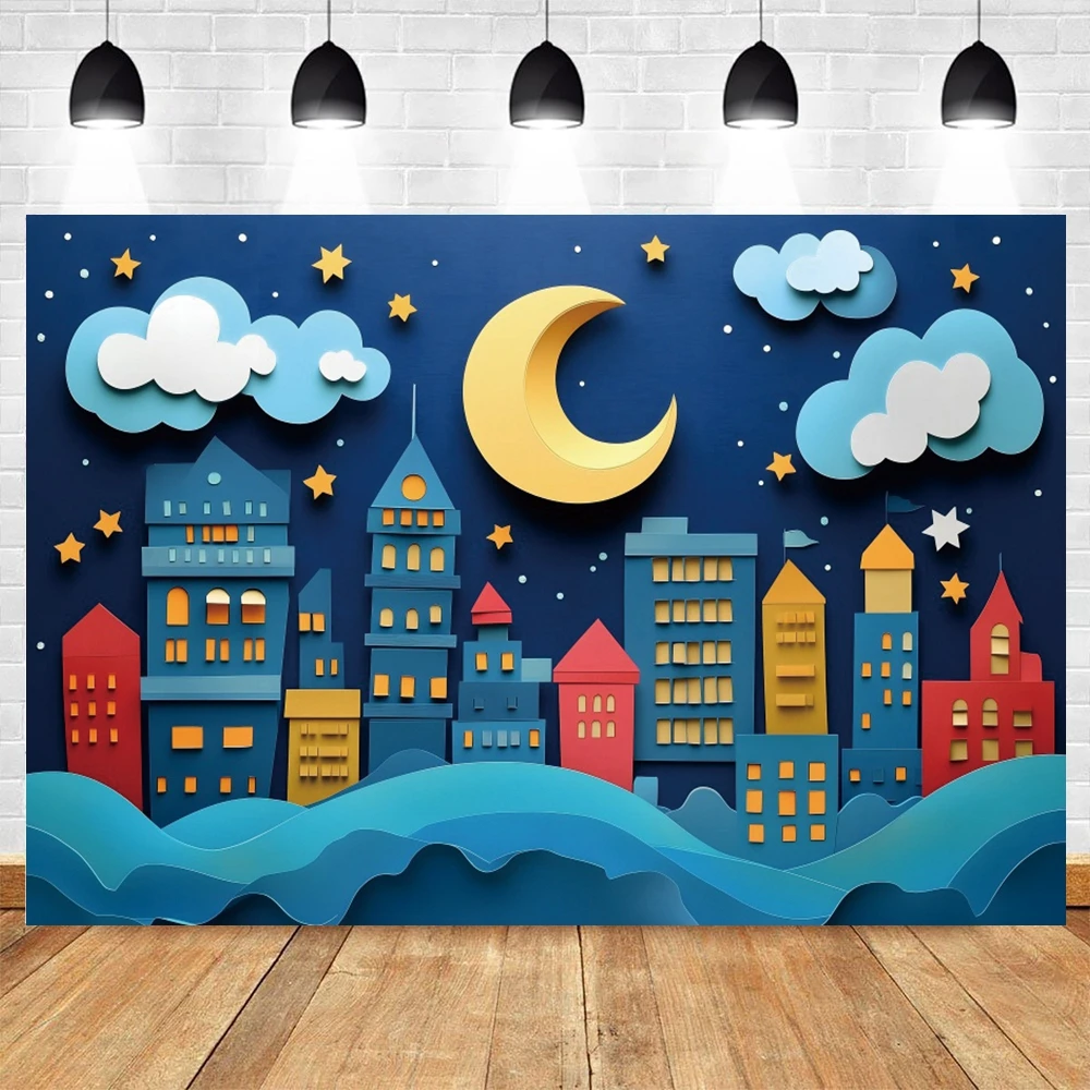 Baby 1st Birthday Party Backdrop Night City Bulidings Moon Stars Cake Smash Photography Background Wall Decor Photo Studio Props