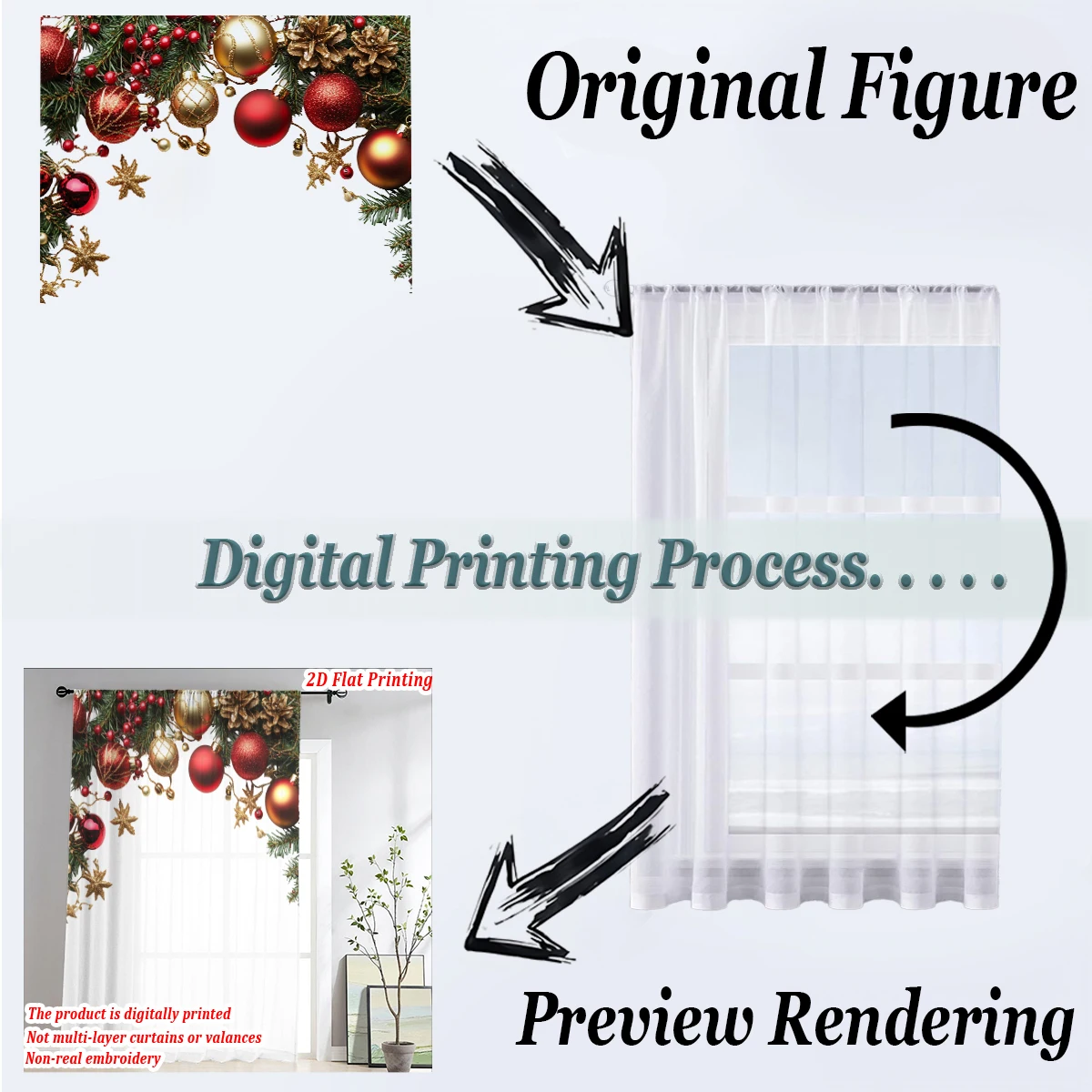 Christmas Flat Printing Sheer Curtain with Christmas Ball Pinecone Ornament Berry for Living Room Bedroom Decor Holiday Party