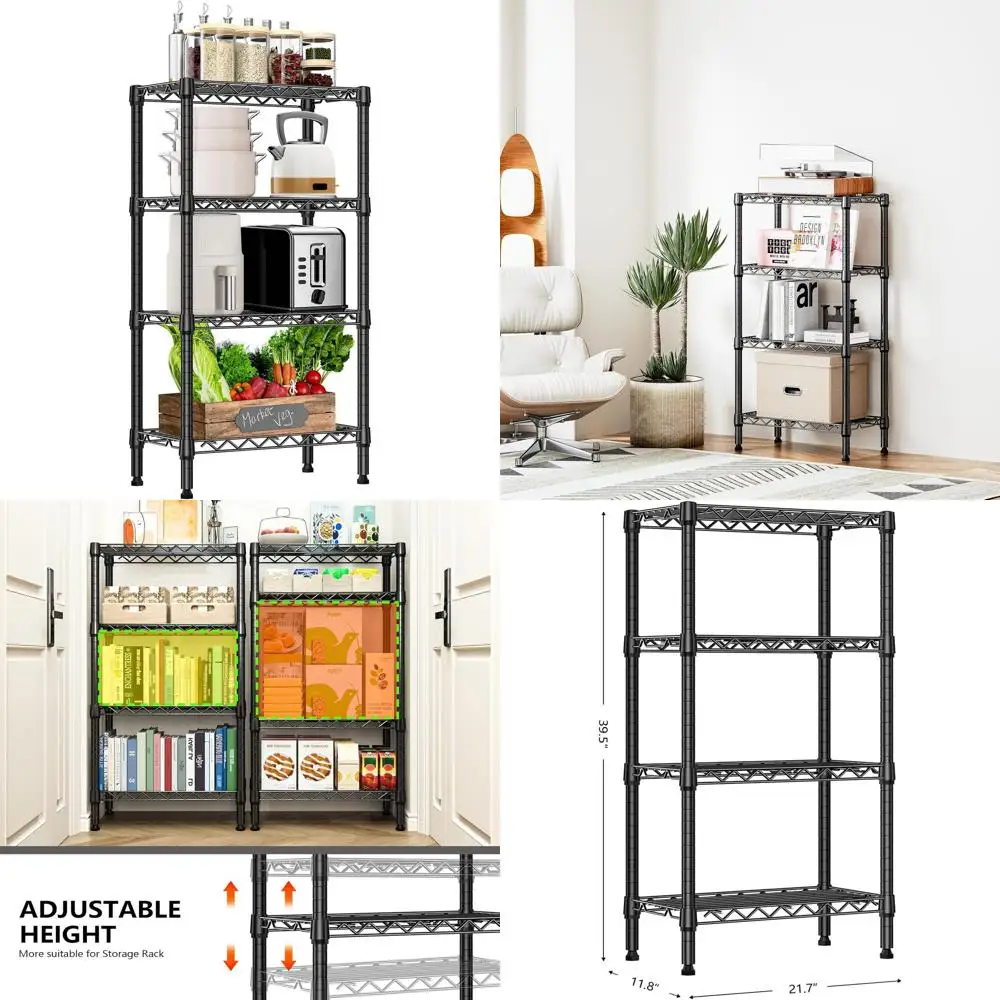 

4-Tier Metal Storage Shelves - Wire Rack Organizer for Closet, Garage, Kitchen, Bathroom, Laundry - Black, 11.8x21.7x39.5