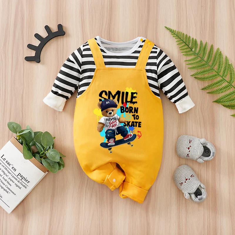 

Newborn Trendy Jumpsuit Yellow Skateboard Bear Cartoon Baby Clothes Pure Cotton Comfortable Outdoor Clothing