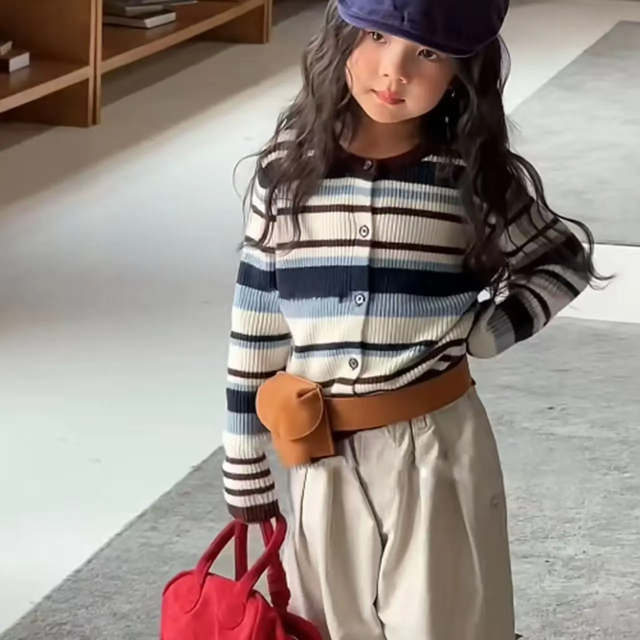 Girls' Striped Sweater Cardigan 2026 Autumn And Winter New Item Baby Versatile Long Sleeved Knitted Sweater For Girls
