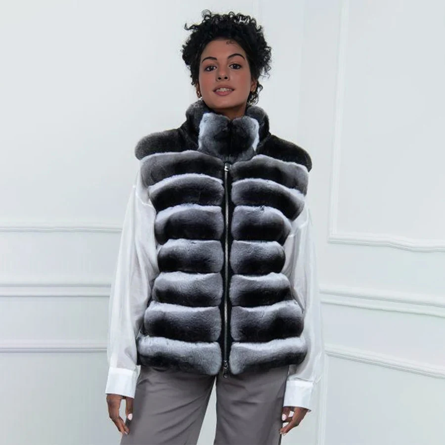 Winter Real Rex Rabbit Fur Vest for Women Outwear High Quality Fashion Natural Chinchilla Color Stand Collar Rex Rabbit Fur Vest
