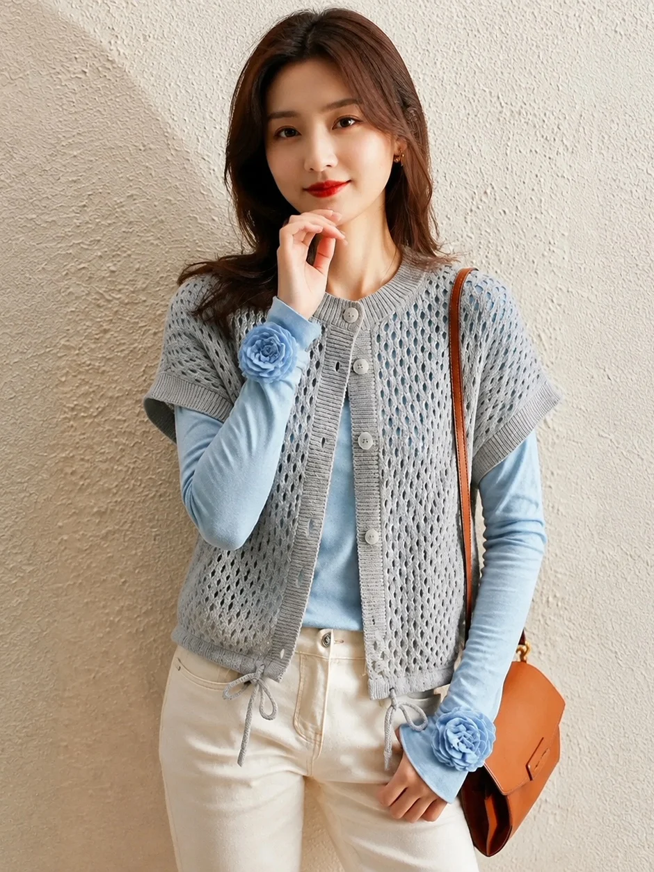 Korean Style Hollow out Design Soft Comfortable Knitted Open Cardigan Single Button Women's Top Fashionable  2026 Autumn...