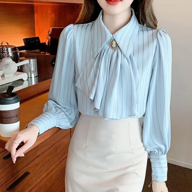 Spring Autumn Women's Korean Fashion Vintage Striped Print Shirt Office Lady Business Casual Elegant Blouse Bow Long Sleeve Tops