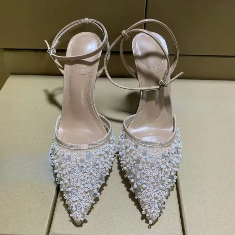 Дизайнерские летние сандалии на высоком каблуке для женщин, блестящие блестки, жемчужная сетка, элегантные вечерние свадебные туфли на шпильке с ремешком на щиколотке