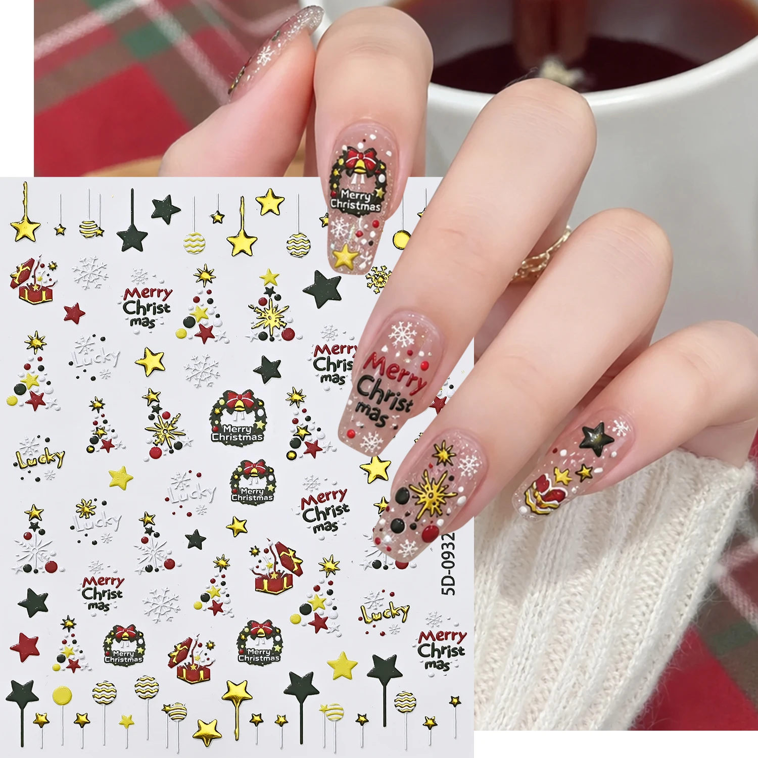 1Pcs 5D Merry Christmas Wreath Snowflakes Bell Star Nail Stickers Red Gold Green Ball Nails Decals DIY Xmas Party Manicure Decor