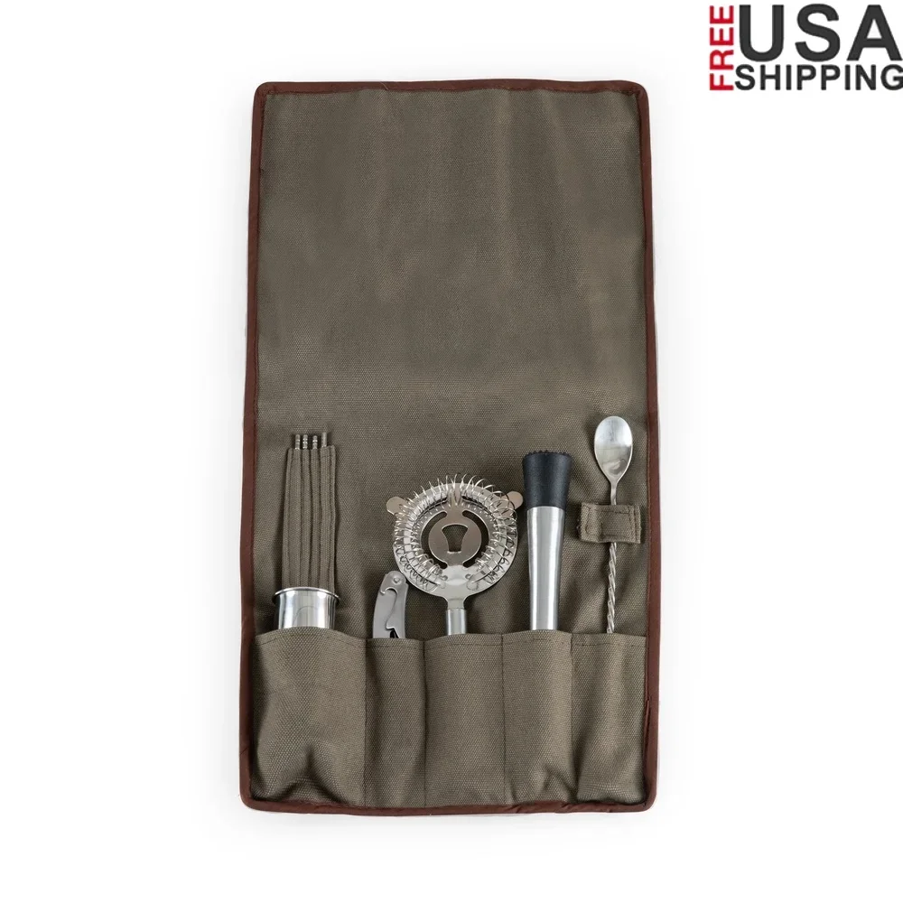 

Портативный набор инструментов для бара из 10-х предметов, свернутый набор с пробколом, ситечком, ложкой для коктейлей, кемпинга, дома