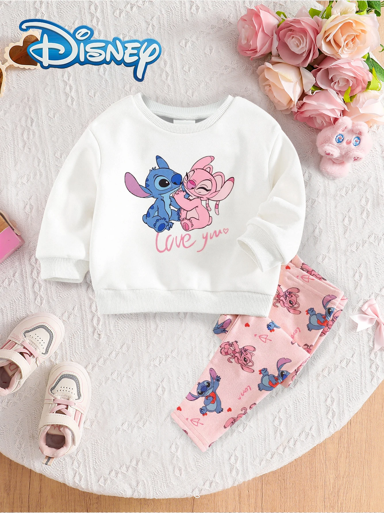 

2Pcs 【Officially Licensed】Disney Exclusively Developed Autumn/Winter Style Baby Girl Newborn Stitch Cute Long-Sleeve Sweatshirt and Pants Set, Featuring Stitch and Angel Cute Cartoon Patterns, Slightly Stretchy, Suitable for Baby and Newborn Daily Wear, G