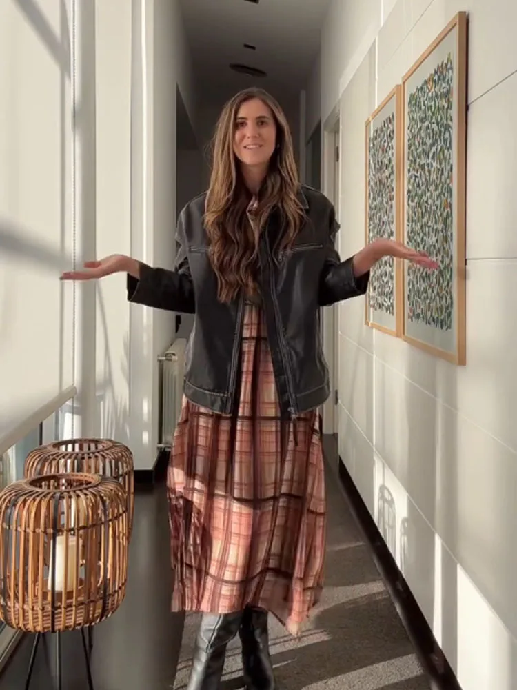 

HH Новое женское весеннее модное клетчатое платье с металлической пряжкой и поясом с распашным воротником и длинными рукавами, плиссированное украшение, платье миди, женское повседневное платье