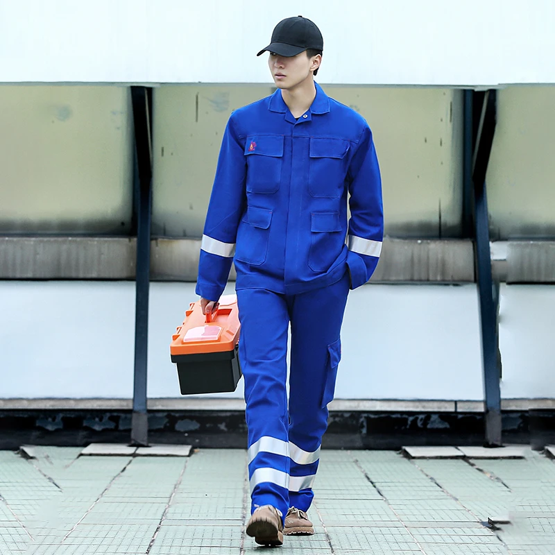 100% Cotton Welder Blue Work Jacket Pants Anti-Static Flame Retardant Work Suit With Reflective Tape Welding Workwear