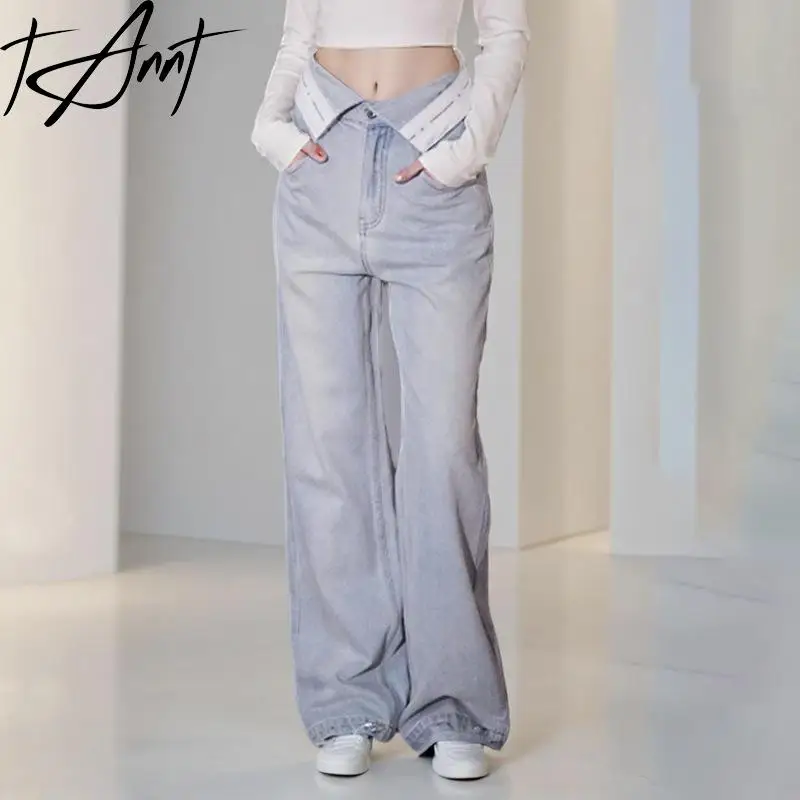 Tant-Jean Vintage en Denim Bleu pour Femme, Pantalon Taille Haute, Jambes Larges, Décontracté, à la Mode, Nouvelle Collection 2024