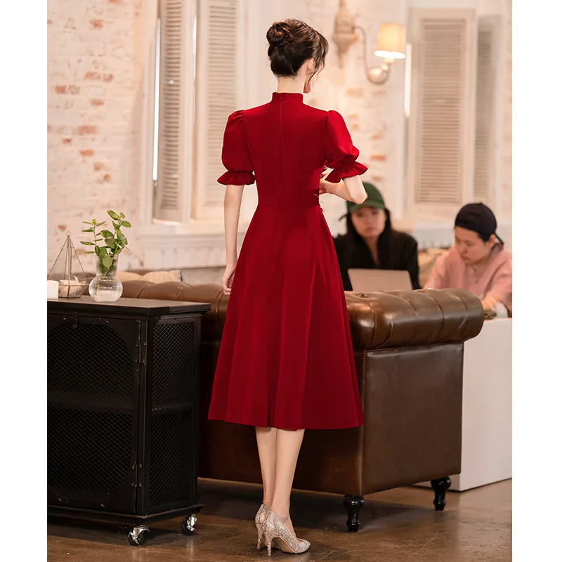 Yourqipao Burgundy Chinese Traditional Cheongsam Wedding Toast Dress Women Large Size Engagement Dress Plus Size Evening Gowns