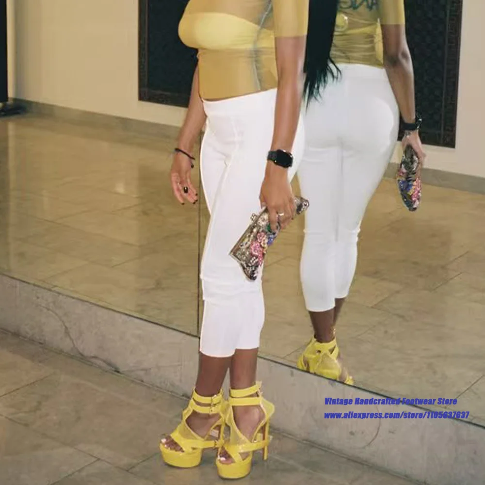 Yellow Fishnet Mesh Platform High Heel Sandals Hollow Cutout Multi Buckle Ankle Straps Party Heels Sandalias De Mujer Verano