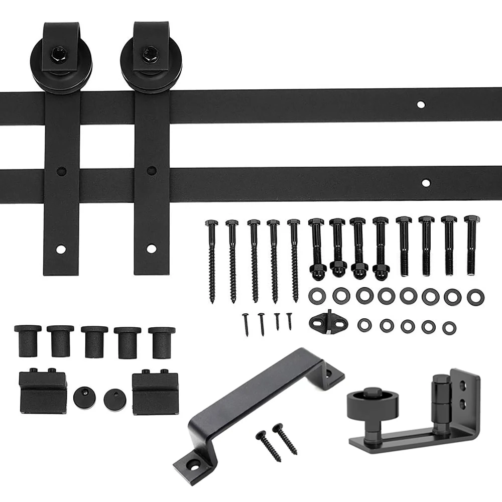 

6.6FT Heavy Duty Sturdy Sliding Barn Door Hardware + Adjustable Floor Guide Wall Mount Roller + Pull Handle, J Shape Hangers