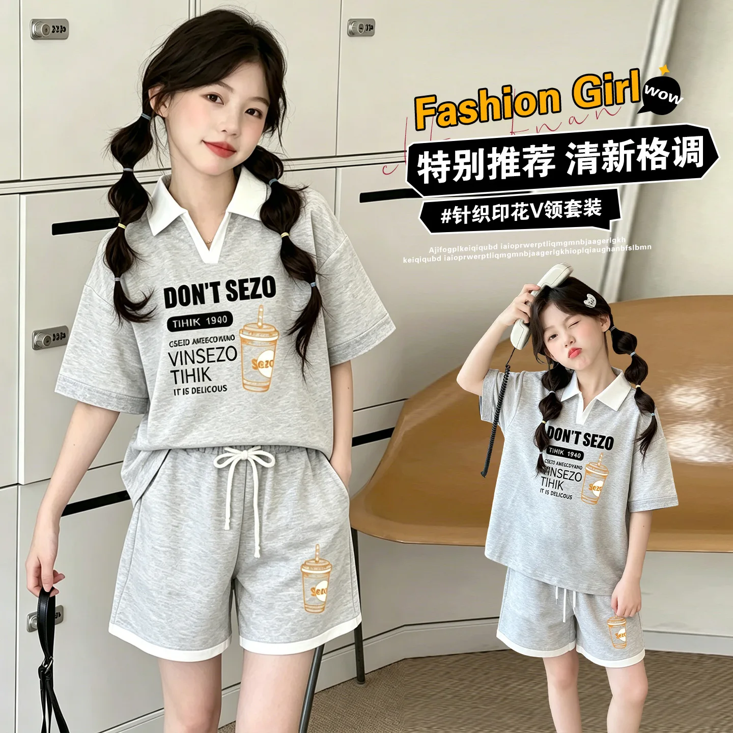 summer 4-14 teen girl sport clothes suit polo collar short sleeved T-shirt short junior kids sportswear set child casual outfits