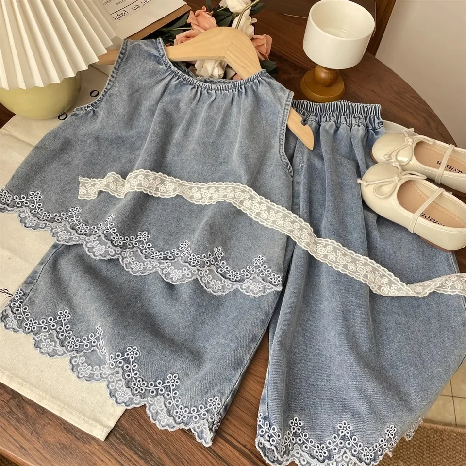 Korean Summer Girls Water Wave Edge Embroidered Denim Tank Top Doll Shirt Wide Leg Pants Two Piece Set Children Clothing