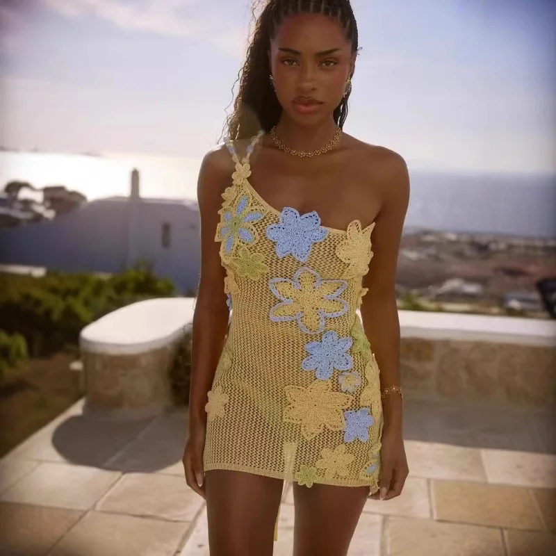 

Sexy Knit Hollow Out Short Beach Dress Women 3d Flower One Shoulder Backless Bandage Vestidos 2025 Summer Vacation Robes
