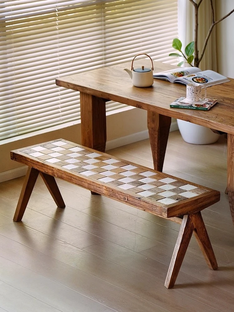 Old Elm Wood Bench Checkerboard Pattern Solid Wood Bed Modern Simple Home Dining Stool