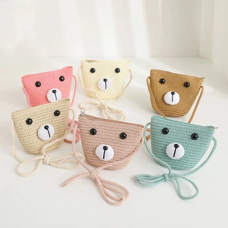 Summer Children\'s Crossbody Bag Handmade Straw Solid Color Baby Coin Purse Cute Princess Fashion Mini Handbag