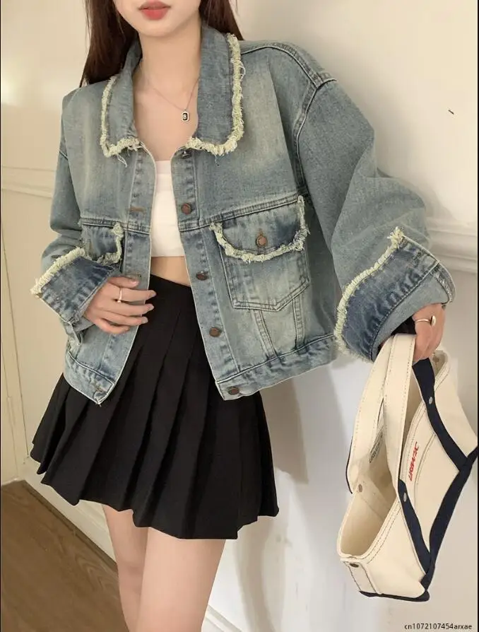 Retro Women Denim Jacket Lapel Single Breasted Raw Edge Short Coat Spring Autumn Long Sleeve Loose Casual Jean Outerwear