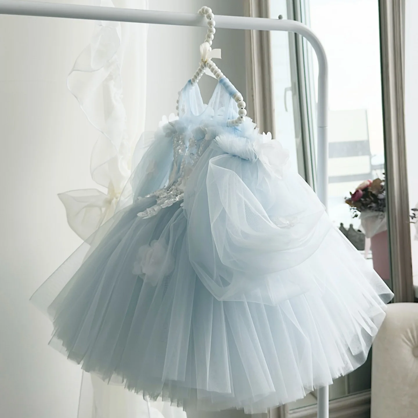 Flower Girl Wedding Dress Tutu Princess Gown Baby Toddler Birthday Party Wedding Costume Summer White Dress with Pink Floral
