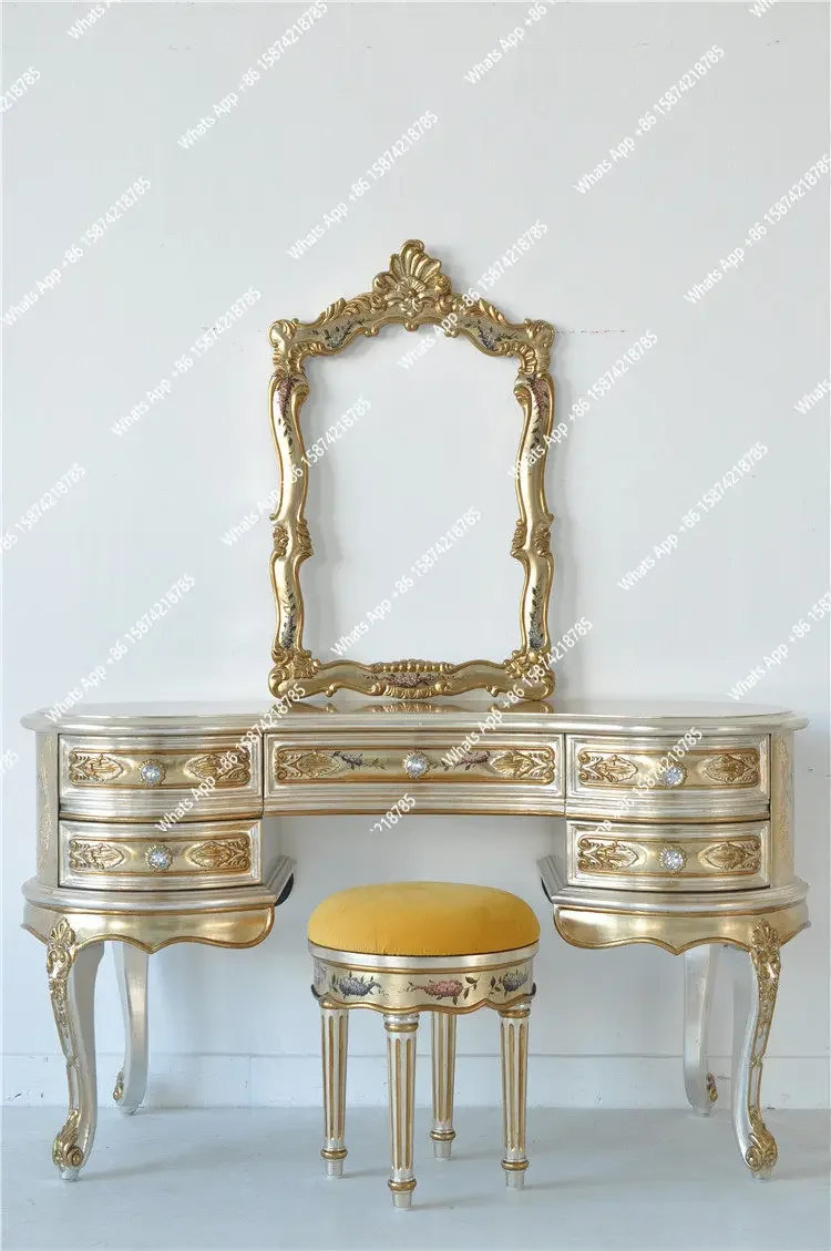 

XZL Французское резное деревянное зеркало для макияжа ручной росписи, роскошное многослойное зеркало с бирюзовой росписью для прихожей и спальни, декоративное