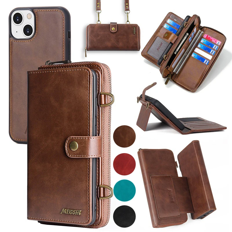 

Luxury Leather Zipper Wallet Case Flip Cover For Xiaomi 12 Pro 11T 10 Redmi Note 11 Pro 10 9 Shoulder Strap 3 in 1 Phone Bag