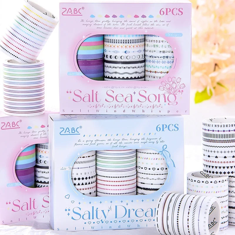 6pcs/set New Product Salt Time Stripe Decorative Hand Ledger Tape Collage Sticker Diy Material